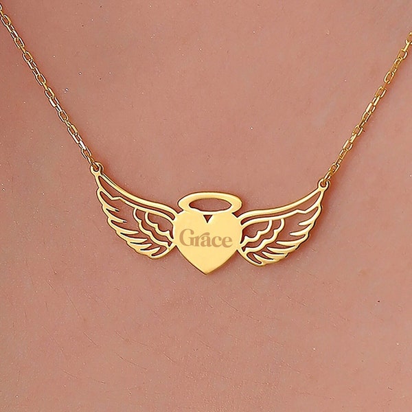 Angel Wings Necklace with Engraved Message, Wings Name Necklace, Personalized Gift, Handmade Gifts, Mother's Day Gift, Wedding Gifts