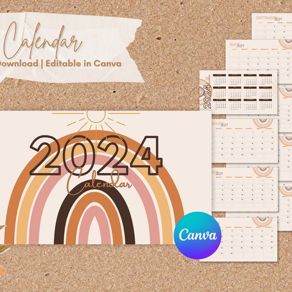 Modern Boho Commercial Desk Calendar 2024 | Printable Boho Calendar | Digital Boho Calendar 2024 | Aesthetic Boho Calendar 2024