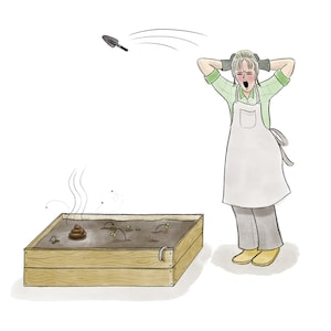 Könnte beinhalten: Eine Person in einer weißen Schürze und einem grünen Hemd steht neben einem Hochbeet. Das Beet ist aus Holz und enthält einen Haufen Mist. Die Person hält sich den Kopf in den Händen und sieht verzweifelt aus. Eine kleine Schaufel fliegt durch die Luft.