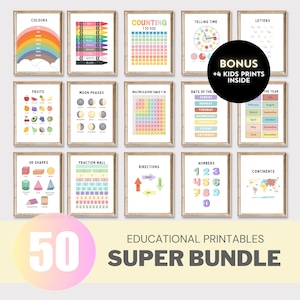 Set Of Educational Posters, 50 Home school Printables,Alphabet Poster,Playroom prints,Montessori Classroom Decor,Education Learning Posters