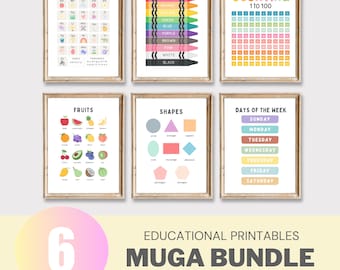 May include: A set of six educational printable posters for children. The posters feature colorful illustrations of the alphabet, colors, numbers 1 to 100, fruits, shapes, and days of the week. The posters are designed to help children learn and grow.
