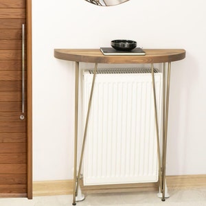 Half Moon Shape Entrance Console Table with Metal Legs, Natural Wood Walnut Colour Console