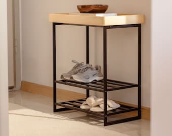 Handmade 2-Tier Metal Shoe Rack: Spruce Wood Tray Top