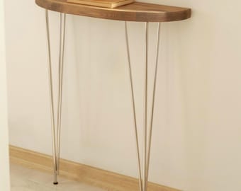 Half-Moon Wooden Console Table: Silver Legs, Walnut Finish
