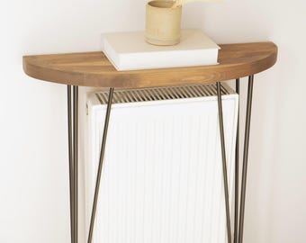 Entrance Console Table with Half Moon Shaped Wooden Top and Metal Black Legs