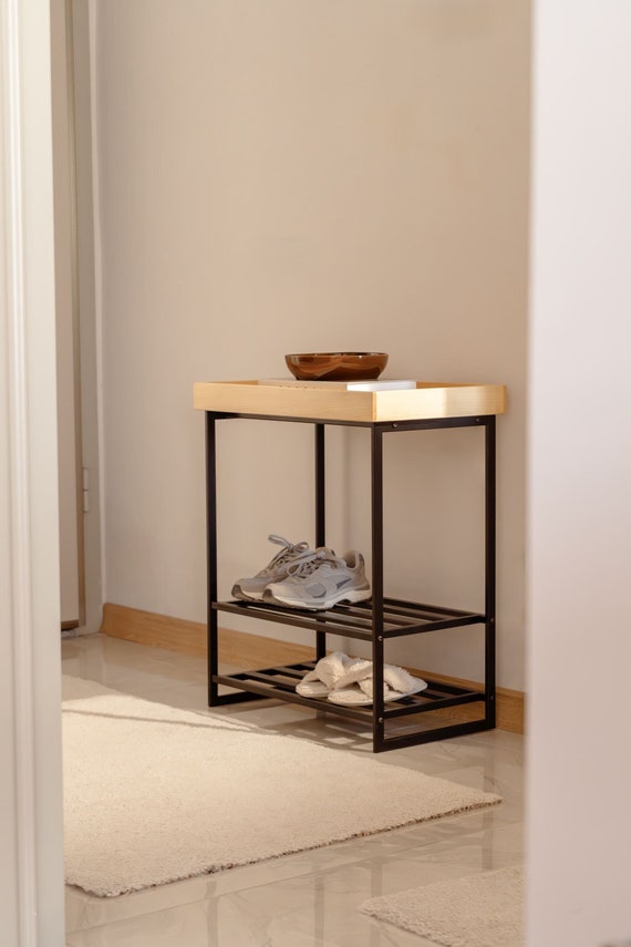 Handmade 2-Tier Metal Shoe Rack: Spruce Wood Tray Top