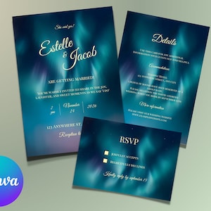 Conjunto de plantillas de invitación de boda editables de aurora boreal