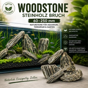 Könnte beinhalten: Woodstone Steine für Aquarien, von 60-250 mm, werden in einem Aquarium mit kleinen Fischen gezeigt. Die Steine sind grau und braun, mit einem natürlichen, strukturierten Aussehen. Der Text ist auf Deutsch.