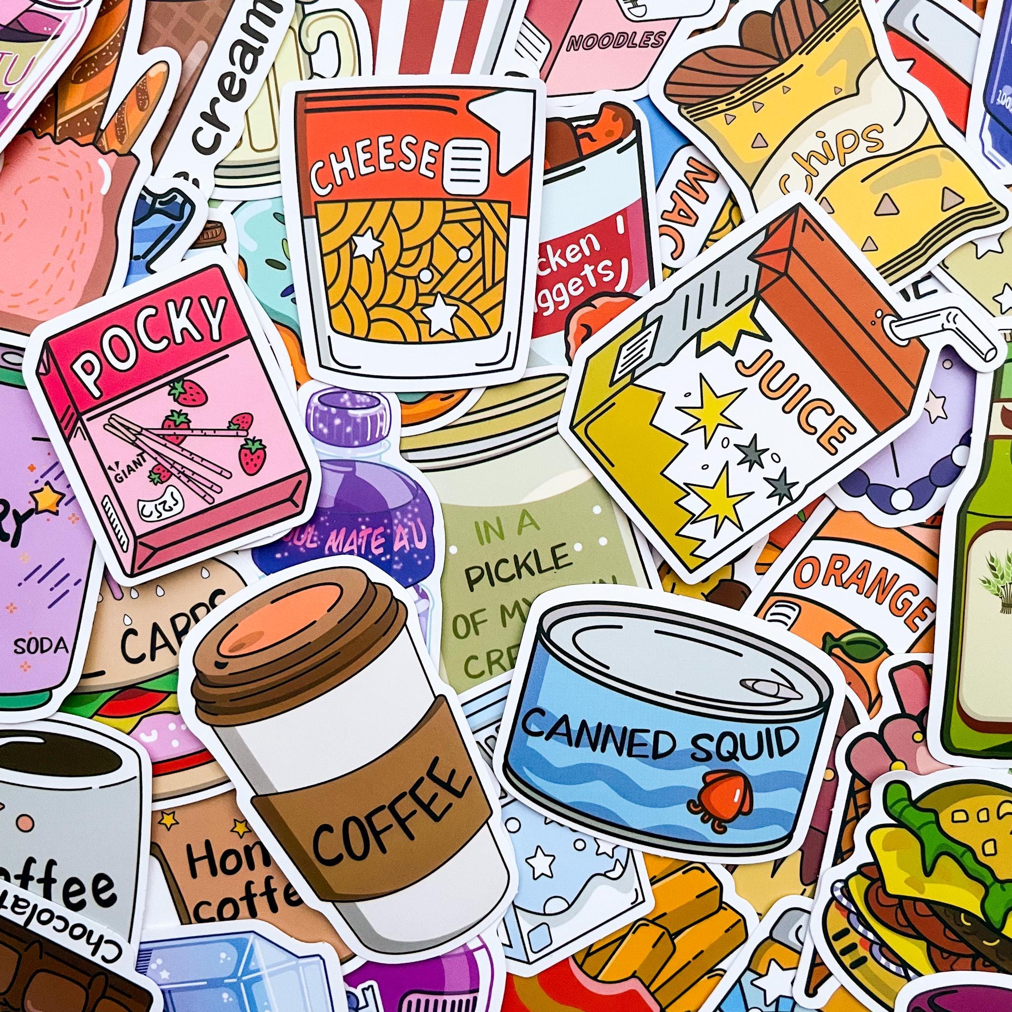 50pcs Cute Cartoon Food Stickers, kawaii Snack and Drink Stickers for Kids, Waterproof Dessert Stickers for Journal,Scrapbook,DIY Crafts