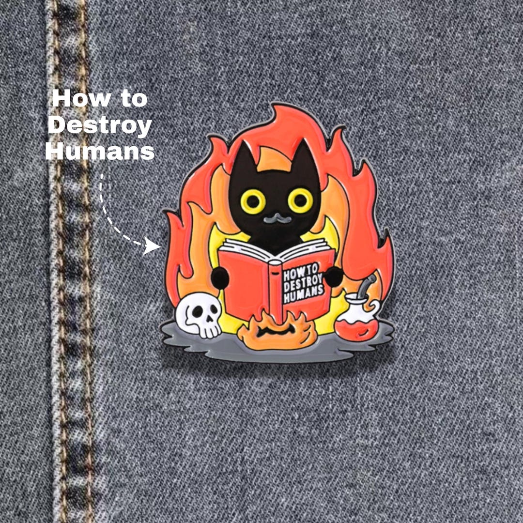 How to Destroy Humans Enamel Pin – Funny Black Cat Reading Pins, Cute ...