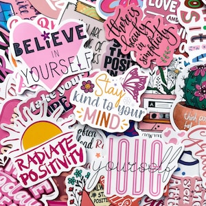 50 adesivos com citações de incentivo aleatórias, adesivos inspiradores rosa, adesivos positivos à prova d'água de amor próprio para diário, álbum de recortes, garrafa de água