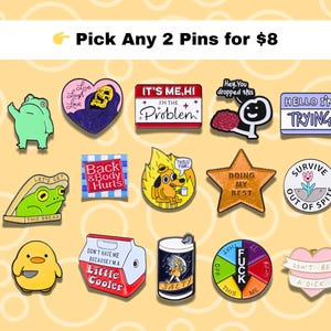Funny Enamel Pins Bundle – Pick Any 2 for 8, Meme Enamel Pins Set, Cute Backpack Pins, Funny Pins for Friends, Fun Gift for Pin Collectors