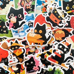 50pcs Black Cat Stickers, Cute Cartoon Cat Stickers, Funny Cat Stickers, Waterproof Stickers for Journal, Scrapbook, Water Bottle, Cat Lover