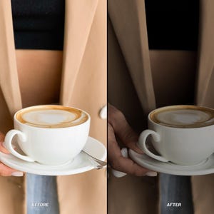 May include: A white ceramic coffee cup and saucer with a latte. The latte has a foamy top with a swirl design. The cup is held in front of a person wearing a tan blazer. The word "BEFORE" is printed at the bottom left.