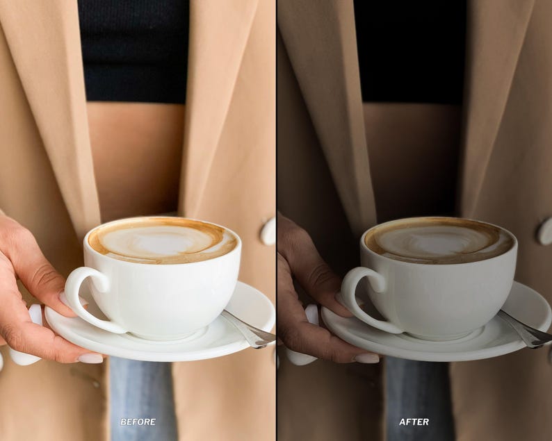 May include: A white ceramic coffee cup and saucer with a latte. The latte has a foamy top with a swirl design. The cup is held in front of a person wearing a tan blazer. The word "BEFORE" is printed at the bottom left.