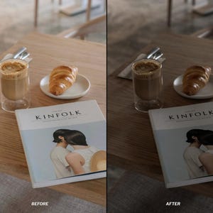 May include: A still-life image featuring a cup of coffee, a croissant on a small white plate, and a book titled "KINFOLK" on a wooden table. The book cover displays a photograph of two people. The scene is bathed in natural light.