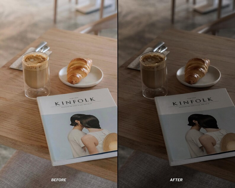 May include: A still-life image featuring a cup of coffee, a croissant on a small white plate, and a book titled "KINFOLK" on a wooden table. The book cover displays a photograph of two people. The scene is bathed in natural light.