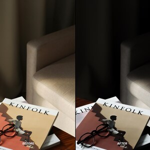May include: A stack of Kinfolk magazines with a person on the cover, and a pair of eyeglasses. The magazines are on a wooden table, with a beige sofa and a dark curtain in the background. The text "BEFORE" and "AFTER" are visible.