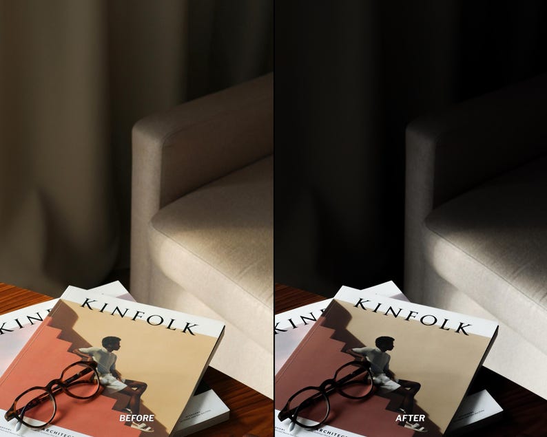 May include: A stack of Kinfolk magazines with a person on the cover, and a pair of eyeglasses. The magazines are on a wooden table, with a beige sofa and a dark curtain in the background. The text "BEFORE" and "AFTER" are visible.