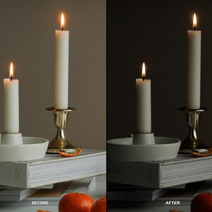 May include: Two lit white candles, one in a gold candlestick and the other in a white ceramic holder, sit atop a stack of books. The scene includes oranges and the text "BEFORE" and "AFTER".