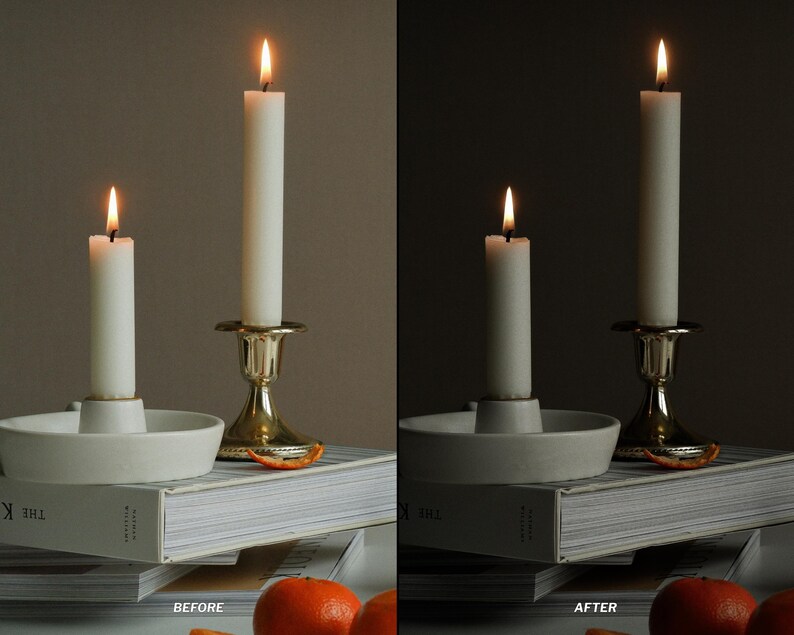 May include: Two lit white candles, one in a gold candlestick and the other in a white ceramic holder, sit atop a stack of books. The scene includes oranges and the text "BEFORE" and "AFTER".