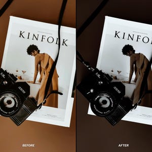 May include: A black vintage camera with a strap rests on a magazine with the word "KINfolk" on the cover. The magazine features a person in a tan outfit. The background is a warm brown color. The image also includes the words "BEFORE" and "AFTER".
