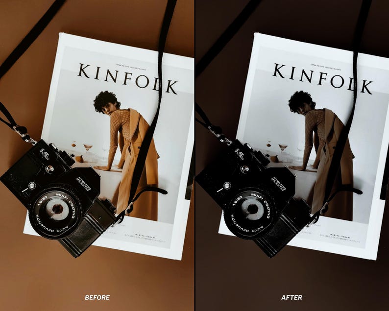 May include: A black vintage camera with a strap rests on a magazine with the word "KINfolk" on the cover. The magazine features a person in a tan outfit. The background is a warm brown color. The image also includes the words "BEFORE" and "AFTER".