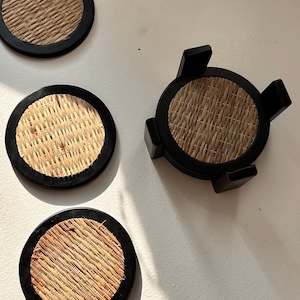 rattan coasters set of 6, coasters in a holder, coffee table decor, housewarming gift