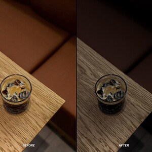 May include: A glass of iced coffee with cream sits on a light wood table. The table is positioned in front of a brown leather booth. The image has the text "BEFORE" and "AFTER" at the bottom.