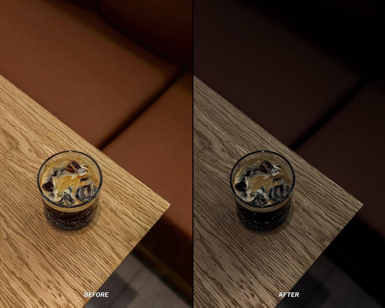 May include: A glass of iced coffee with cream sits on a light wood table. The table is positioned in front of a brown leather booth. The image has the text "BEFORE" and "AFTER" at the bottom.
