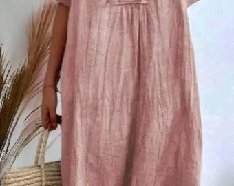 Elegante vestido de lino con cuello en V para verano, moda femenina, manga corta, ajuste holgado informal, aspecto elegante y cómodo, ropa de lino de algodón.