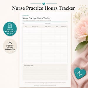 Może przedstawiać: Biały dokument do druku Nurse Practice Hours Tracker z tabelą na datę, miejsce pracy, zmianę, aktywność, godziny i sumę. Nagłówek zawiera tytuł oraz pola na imię i nazwisko oraz okres, a na dole znajduje się sekcja na notatki.