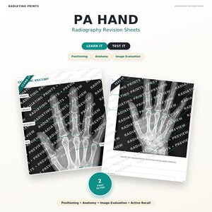 May include: Two Radiating Prints radiography revision sheets titled PA Hand, featuring X-ray images of a human hand with anatomical labels and test questions. The sheets include sections for positioning, anatomy, and image evaluation in a 2-page A4 PDF.