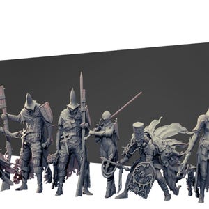 May include: A set of seven miniature figures, each depicting a different character from a fantasy game or movie. The figures are made of a gray material and are posed in various fighting stances. Some figures are holding weapons, such as swords and spears, while others are holding shields.