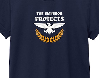 Imperial Eagle & Wreath T-Shirt - 'The Emperor Protects' Caption - Symbolic Sci-Fi Graphic Tee - 6 Colors - Sizes Small to XXL