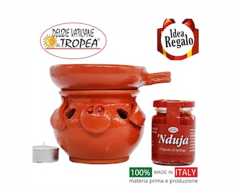 Terracotta Nduja Warmer / Knorretje + Calabrische Nduja Pot van Spilinga 90 gr + Kaars - 100% handgemaakt door Calabrische ambachtslieden