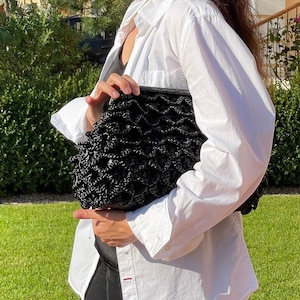 Borsa tote in rafia nera - Elegante borsa in paglia per le gite estive