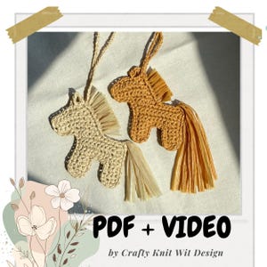 May include: Two handmade horse ornaments in tan and light brown, with raffia manes and tails. The ornaments are made of woven material and are hanging. The text "PDF + VIDEO" is visible at the bottom of the image.