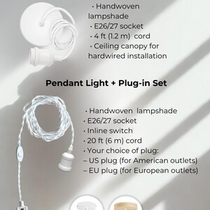 May include: White pendant light sets with handwoven lampshades. The image shows two sets: one for hardwired installation with a 4 ft cord, and another plug-in set with a 20 ft cord. Both have E26/27 sockets. The plug-in set includes an inline switch.