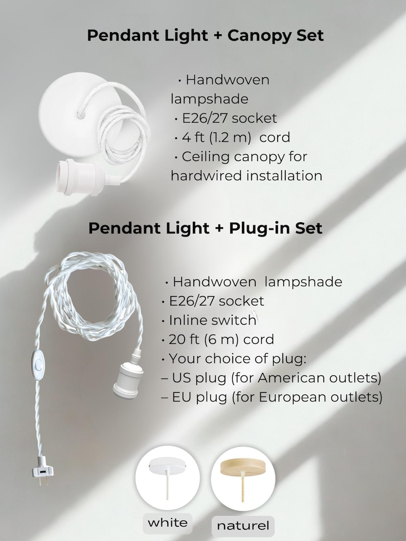 May include: White pendant light sets with handwoven lampshades. The image shows two sets: one for hardwired installation with a 4 ft cord, and another plug-in set with a 20 ft cord. Both have E26/27 sockets. The plug-in set includes an inline switch.