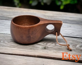 Finland Kuksa Portable Coffee Mug Acacia-Wood Handle Cowhide Rope Hook Juice Milk Cup Coffee Drinking Cup Drinkware