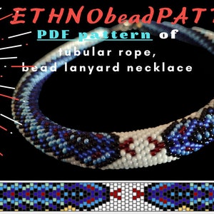 Peut inclure: Un modèle PDF pour un collier en cordon de perles tubulaire. Le collier est blanc avec des perles bleues, rouges et noires. Le motif est appelé "ETHNObead PATTERN".