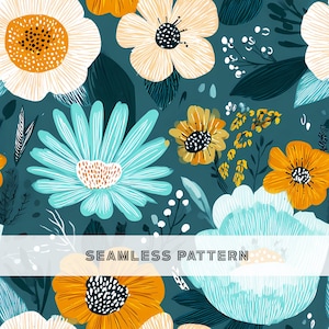 Peut inclure: Motif floral sans couture avec de grandes fleurs stylisées blanches, oranges, jaunes et turquoise sur fond bleu canard. Le motif comprend le texte "SEAMLESS PATTERN" en blanc.