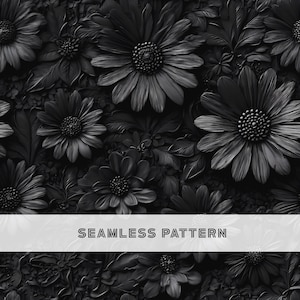 May include: A seamless pattern featuring a detailed floral design in shades of black and gray. The image showcases various flowers and leaves, creating a textured, monochromatic aesthetic. The text "SEAMLESS PATTERN" is displayed across the bottom.