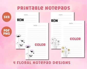 Bloc de notas minimalista con diseños florales, páginas imprimibles de 5x8 pulgadas, en blanco y negro (descarga digital).