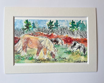Grayson Highland Ponies Watercolor Print matted to 5x7