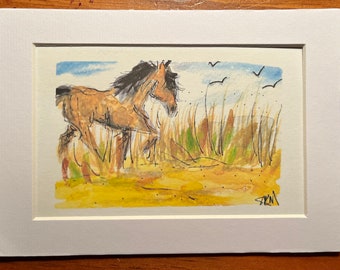 Horse Collection - Buckskin Beach Horse Watercolor Print matted to 5x7