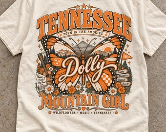Camiseta Tennessee Dolly Mountain Girl, camiseta Born in the Smokies Butterfly, camiseta vintage Smoky Mountains Country, regalo de flores silvestres de Tennessee