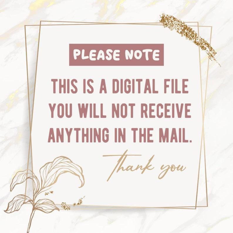 Puede incluir: Aviso de archivo digital con texto en un cuadro rectangular. El texto dice "TENGA EN CUENTA ESTO ES UN ARCHIVO DIGITAL NO RECIBIR&Aacute; NADA POR CORREO. Gracias." El fondo es blanco con detalles dorados y un dise&ntilde;o floral.