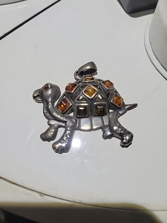 Amber and silver turtle pendant vintage - image 1